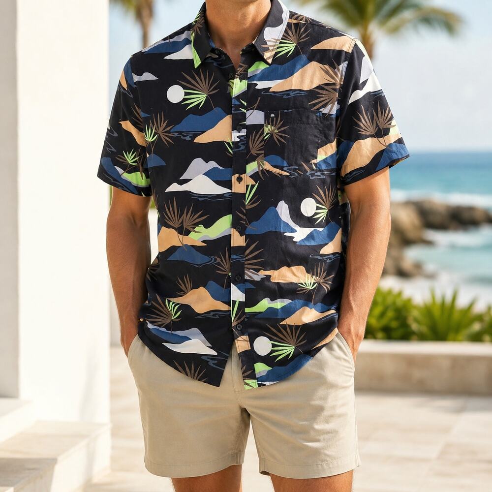 Quiksilver Slow Dazed Shirt Mens M Tropical Hawaiian Button Up Camp Surf Tropic